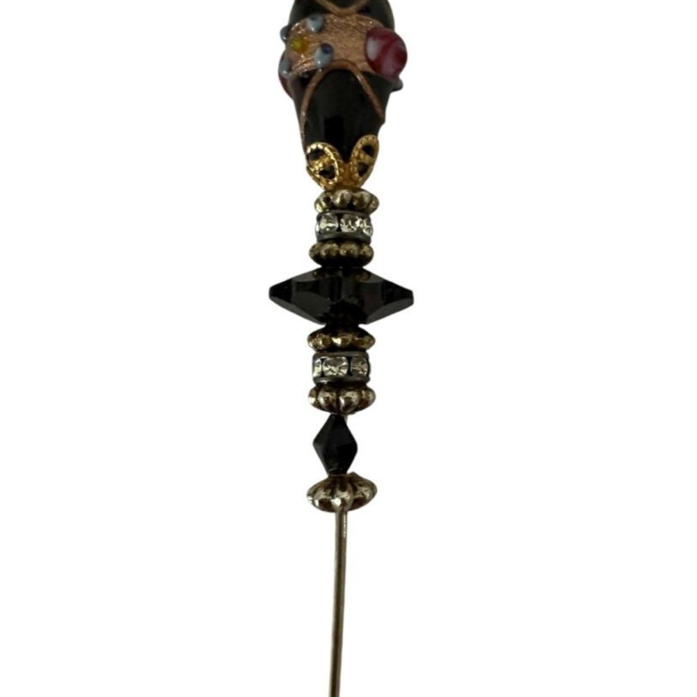1930'S VENETIAN ART GLASS STICK HAT PIN w/ MURANO GLASS BEADS & RHINESTONES